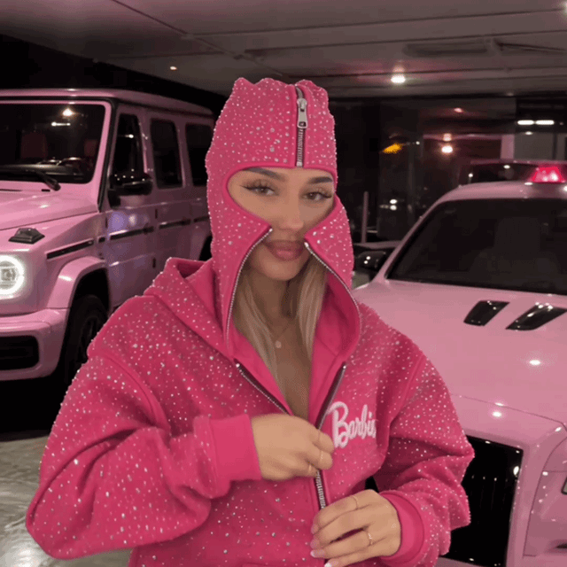 Pink rhinestone balaclava hoodie shown with different hood and zipper styling